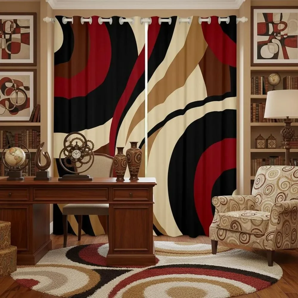 Set of 2, 42 W x 90 L, Black Red Brown Abstract Window Curtains